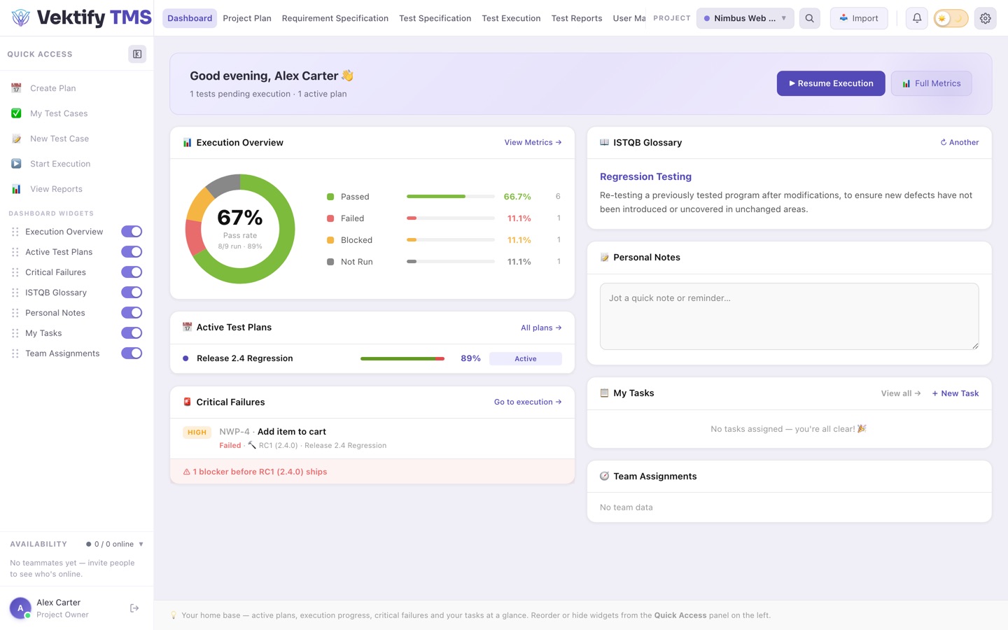 Vektify project dashboard with live pass-rate donut, active test plans and critical failures