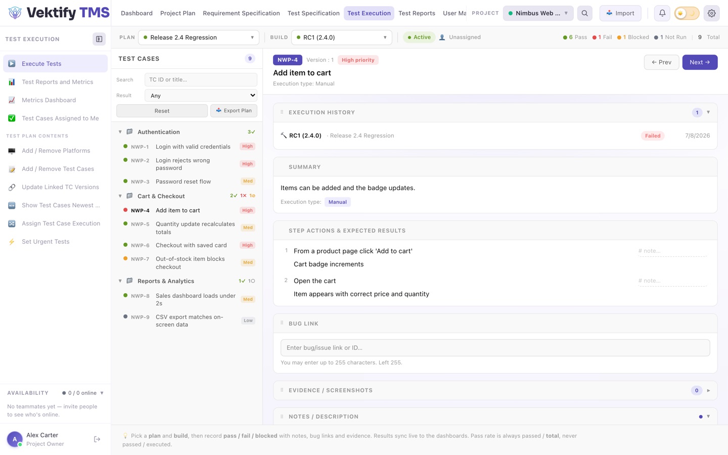 Test execution run with step actions, expected results and execution history