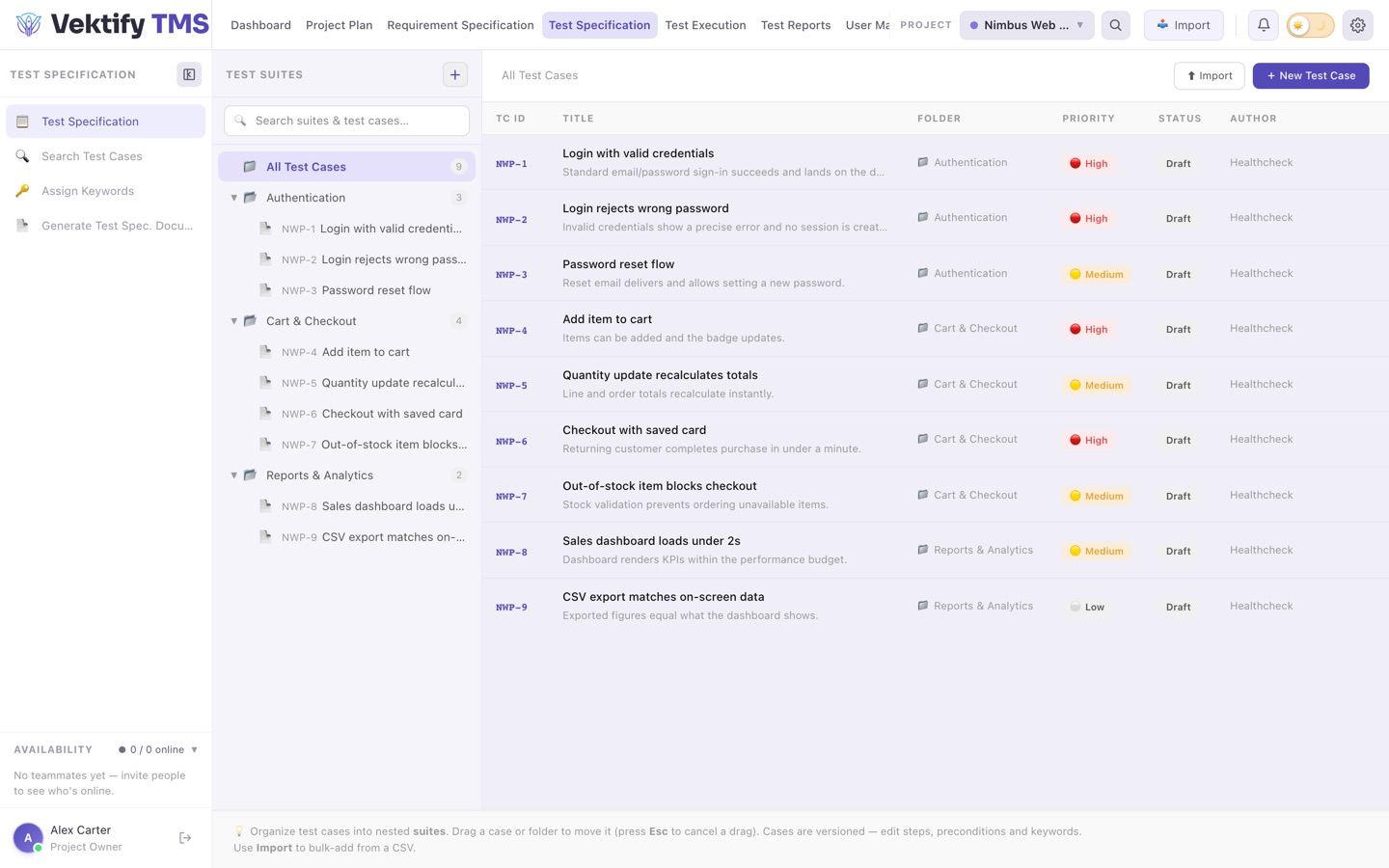 Test specification view with nested suites and versioned test cases